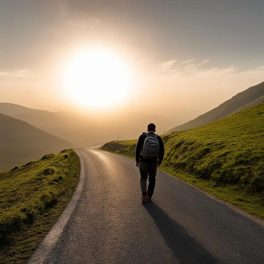 A lone traveler with a backpack walks down a winding road, surrounded by lush green hills. The sun is setting in the distance, casting a warm glow over the scene.