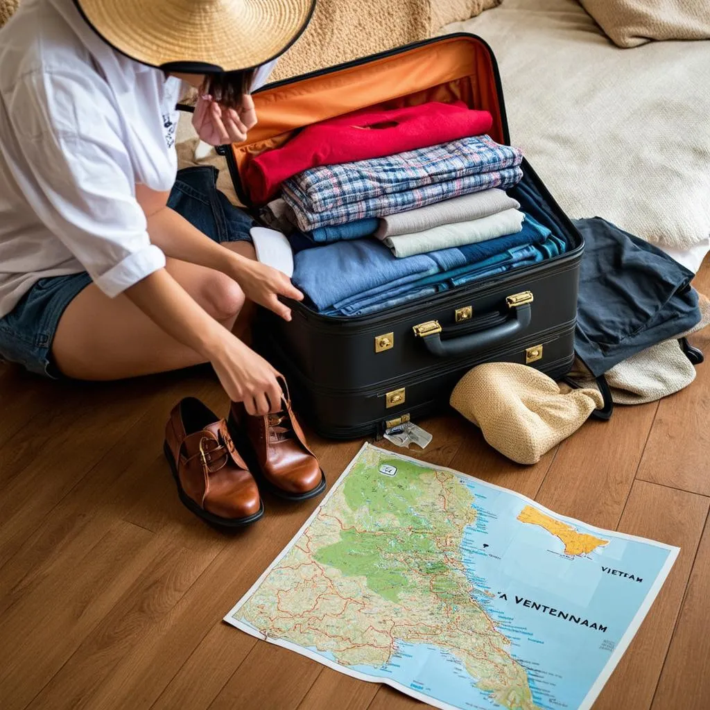 Traveler packing suitcase for Vietnam trip