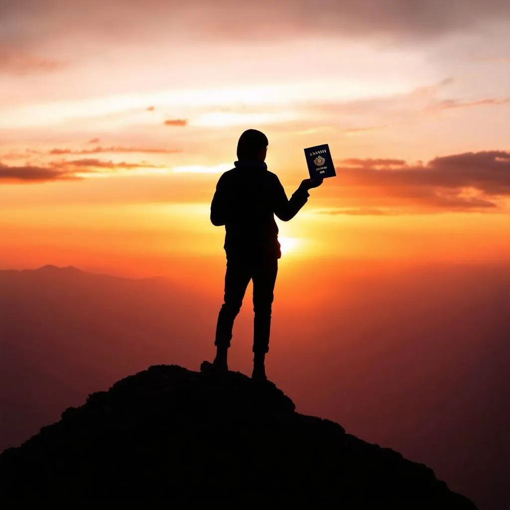 Traveler Holding Passport at Sunset