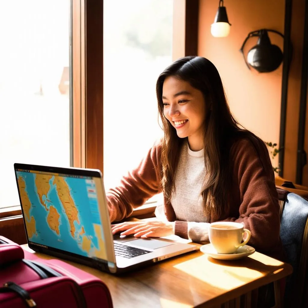 Traveler meticulously planning a trip using a travel recommender system on their laptop