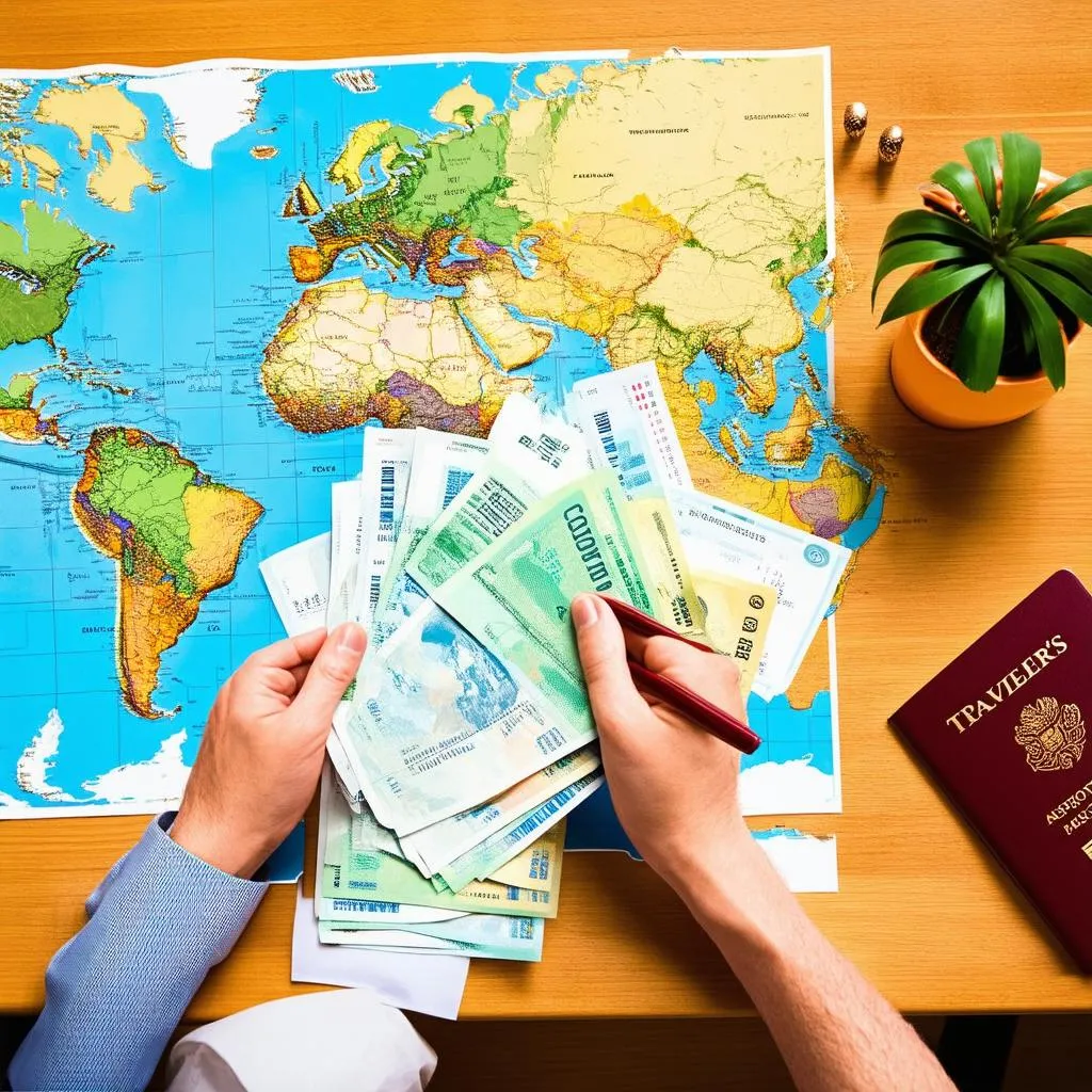 Traveler Planning Trip with Map and Passport