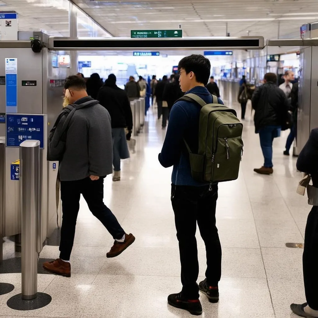 A traveler standing at an airport arrival gate, with a mix of emotions on their face