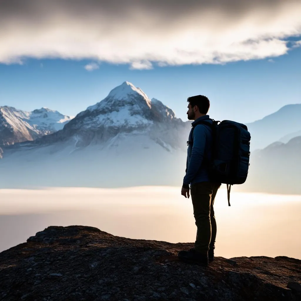 Traveler Gazing Upon Majestic Mountains