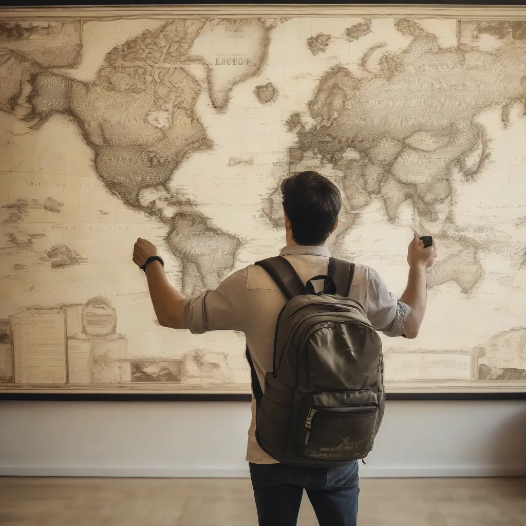 Traveler standing in front of a world map.