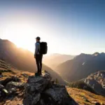 A person with a backpack overlooking a scenic mountain vista