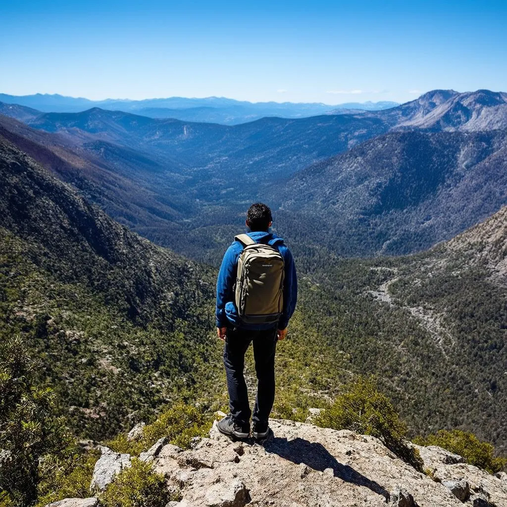 Traveler with Backpack on Mountain