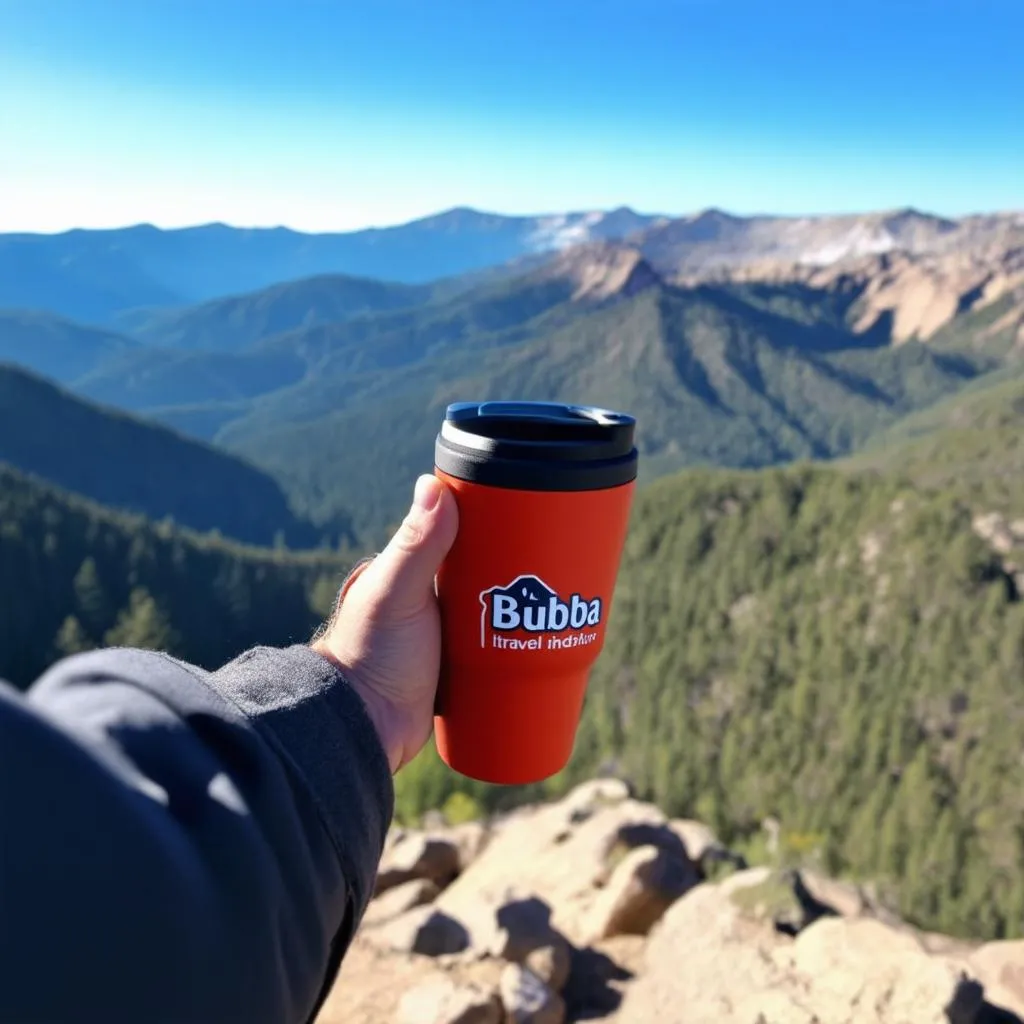 Traveler with Bubba mug enjoying a scenic view