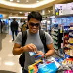 Traveler Using Credit Card at Airport