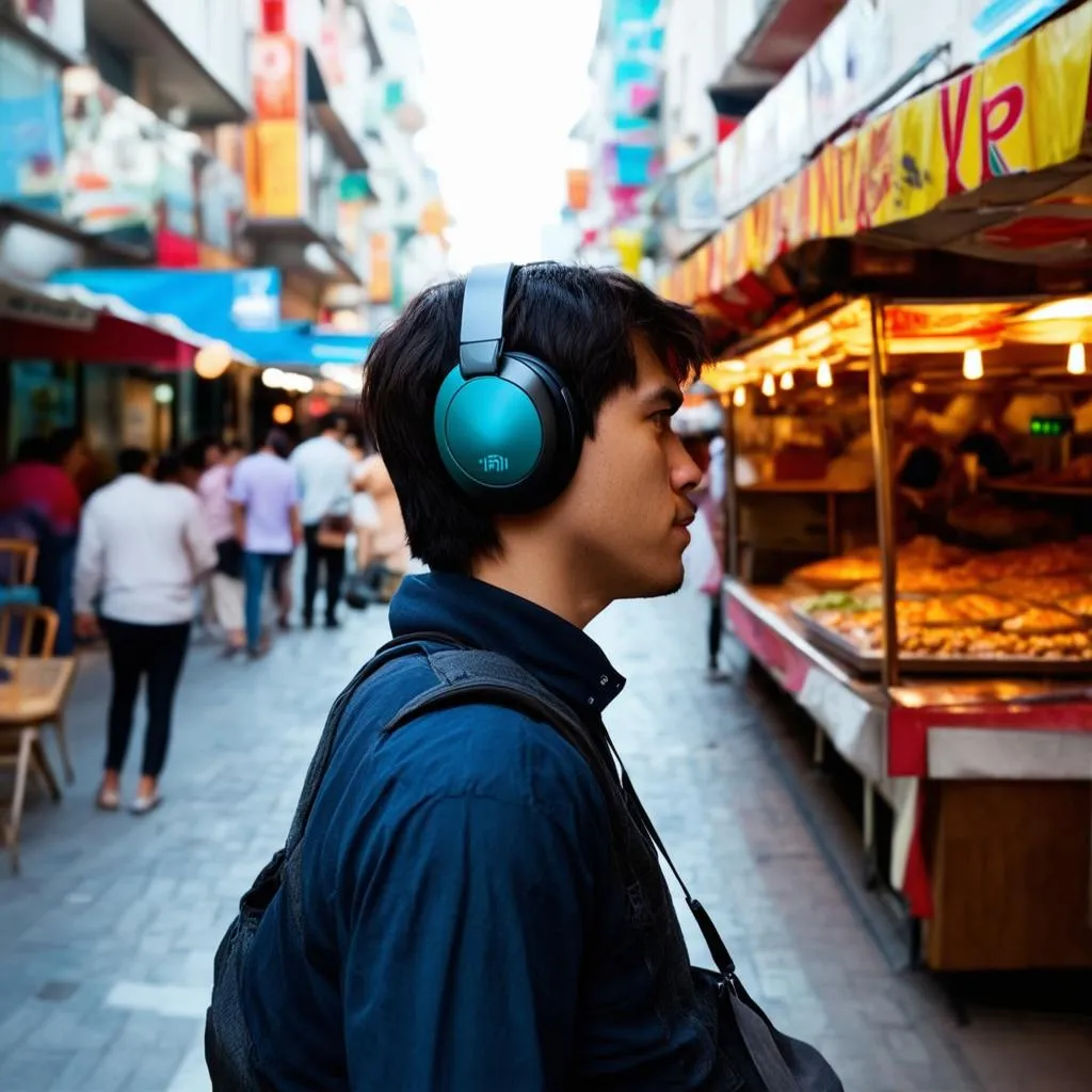 Traveler enjoying city sounds with headphones