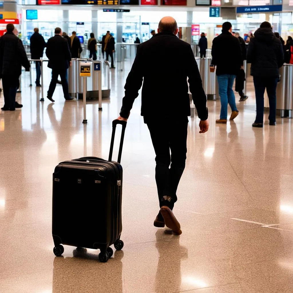 A traveler walking through an airport with luggage