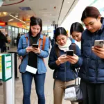 Travelers checking travel information