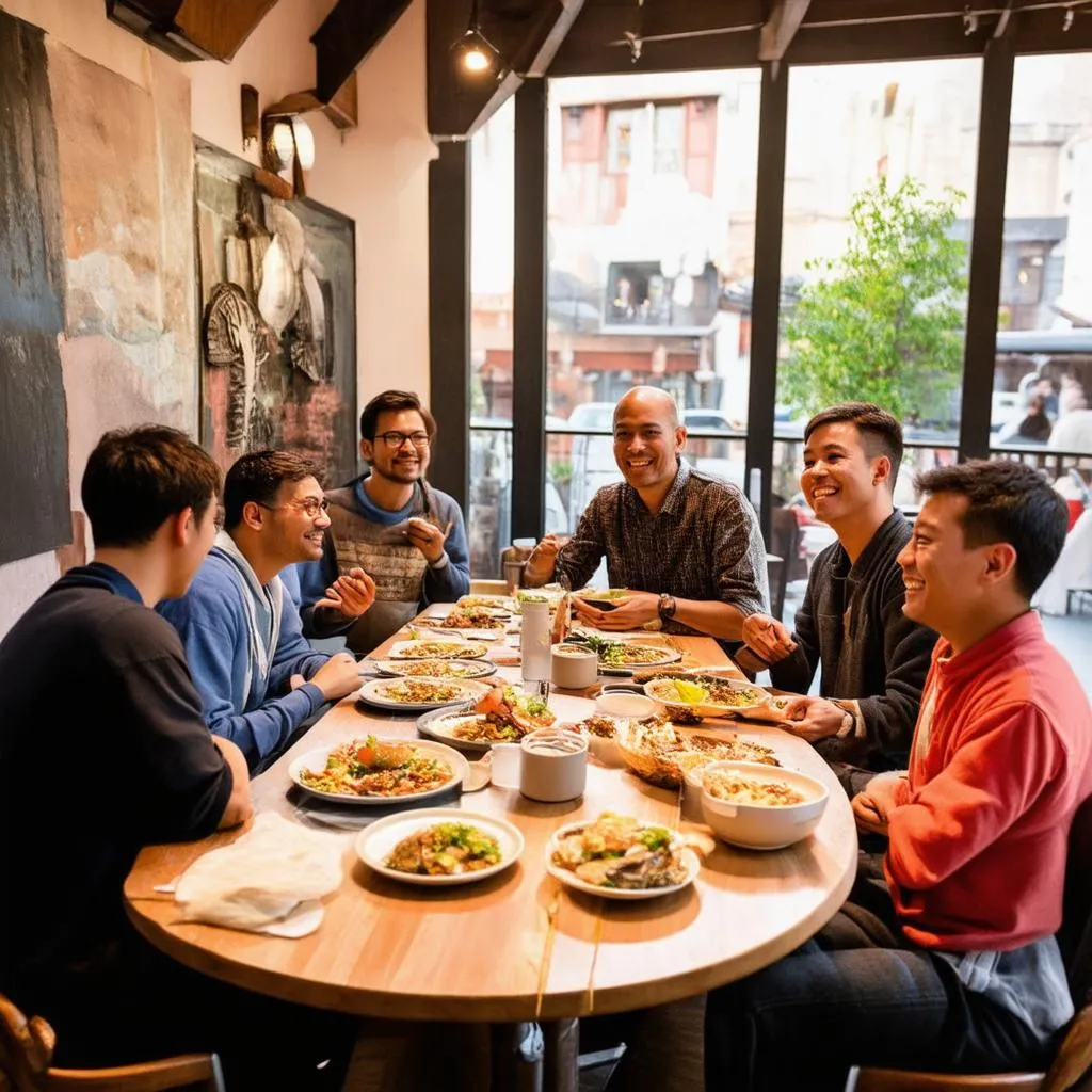 Travelers Share a Meal and Stories