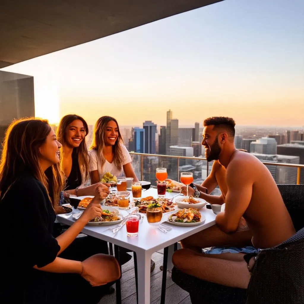 Travelers dining with a view