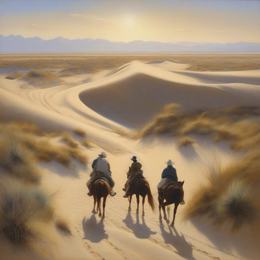 Travelers on Horseback Winding Path Through Dunes