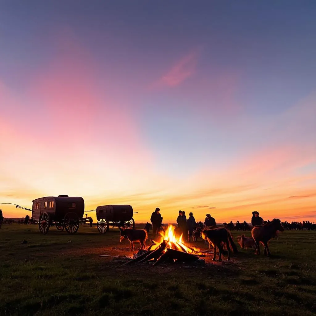 Traveling Caravan at Sunset