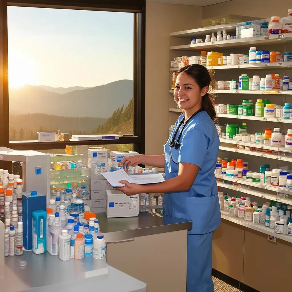 A traveling pharmacy technician organizing medications in a pharmacy with a beautiful mountain view in the background.