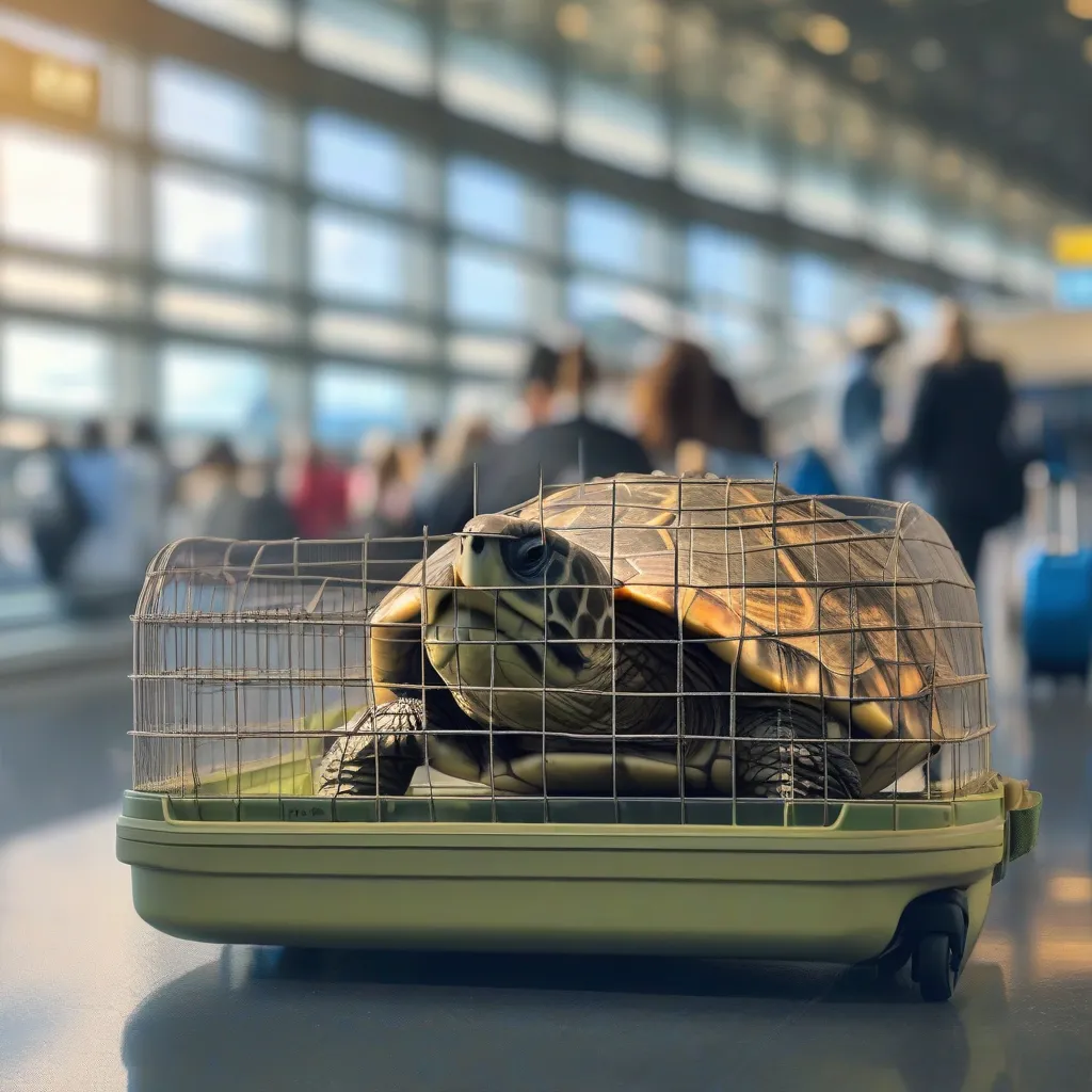 Turtle in a carrier at the airport