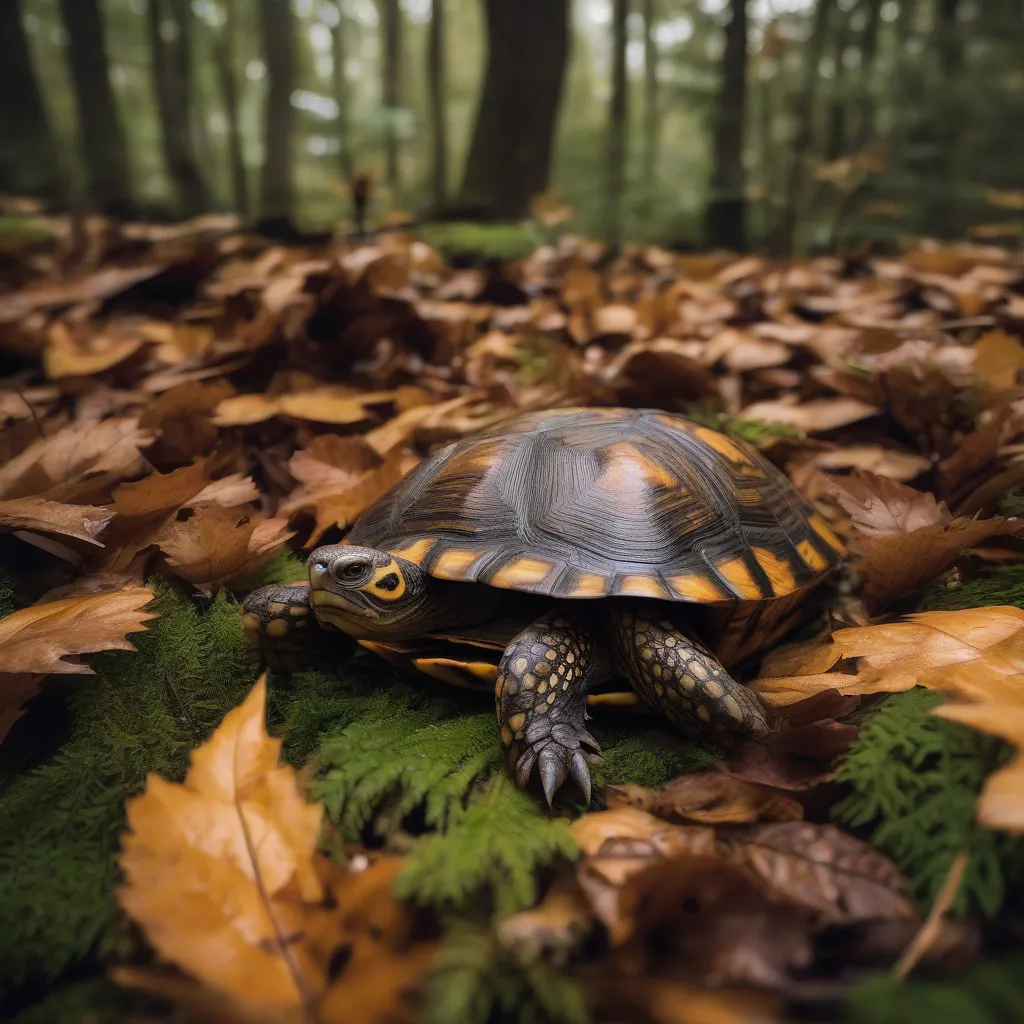  A box turtle nestled amongst lush ferns and foliage in its natural forest habitat. 