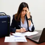 Woman anxiously checking her watch while holding a passport application