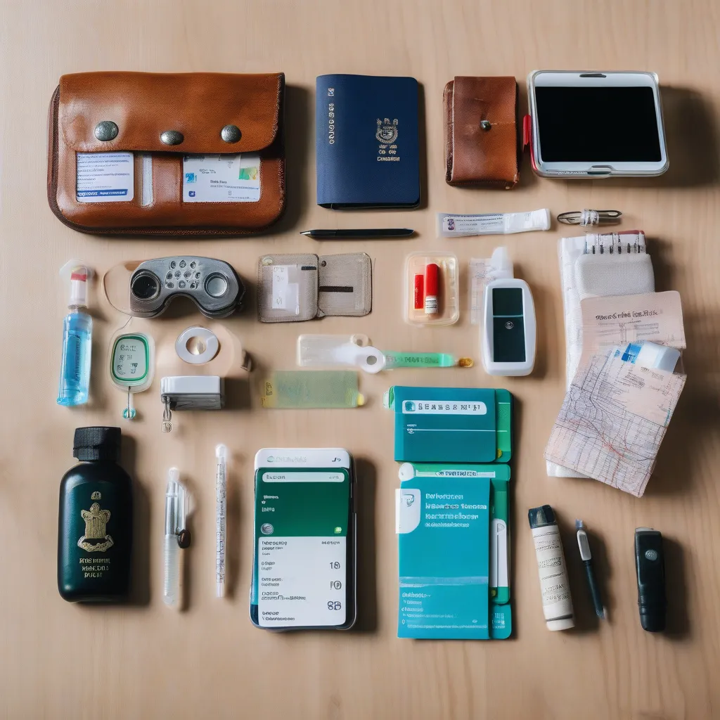 A flat lay of essential items for urgent travel