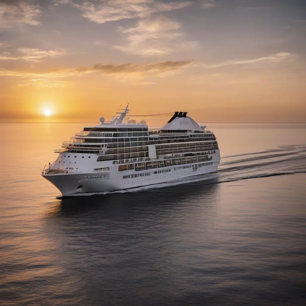 Luxury Cruise Ship Sailing into Sunset