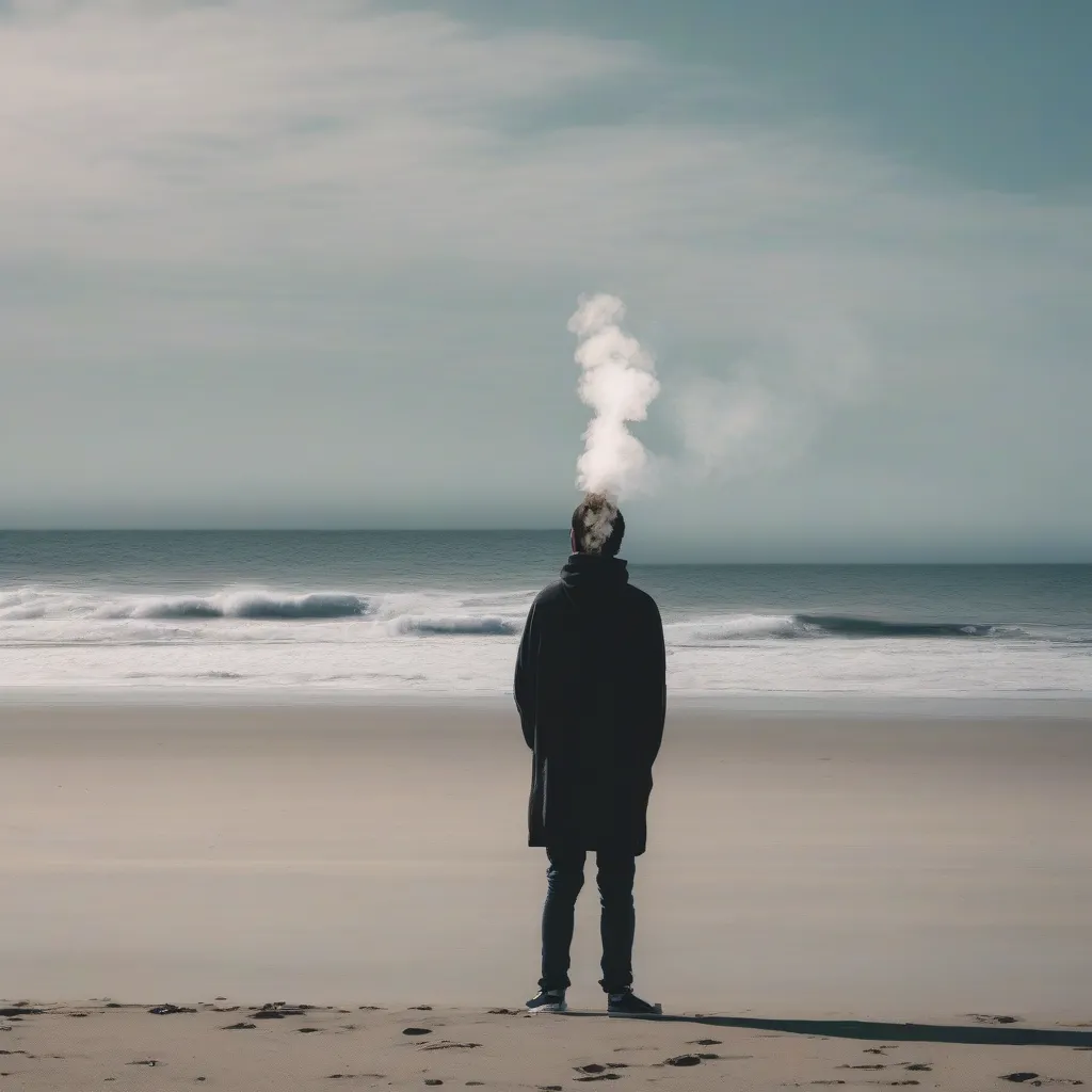 A person vaping responsibly on a secluded beach, away from other people