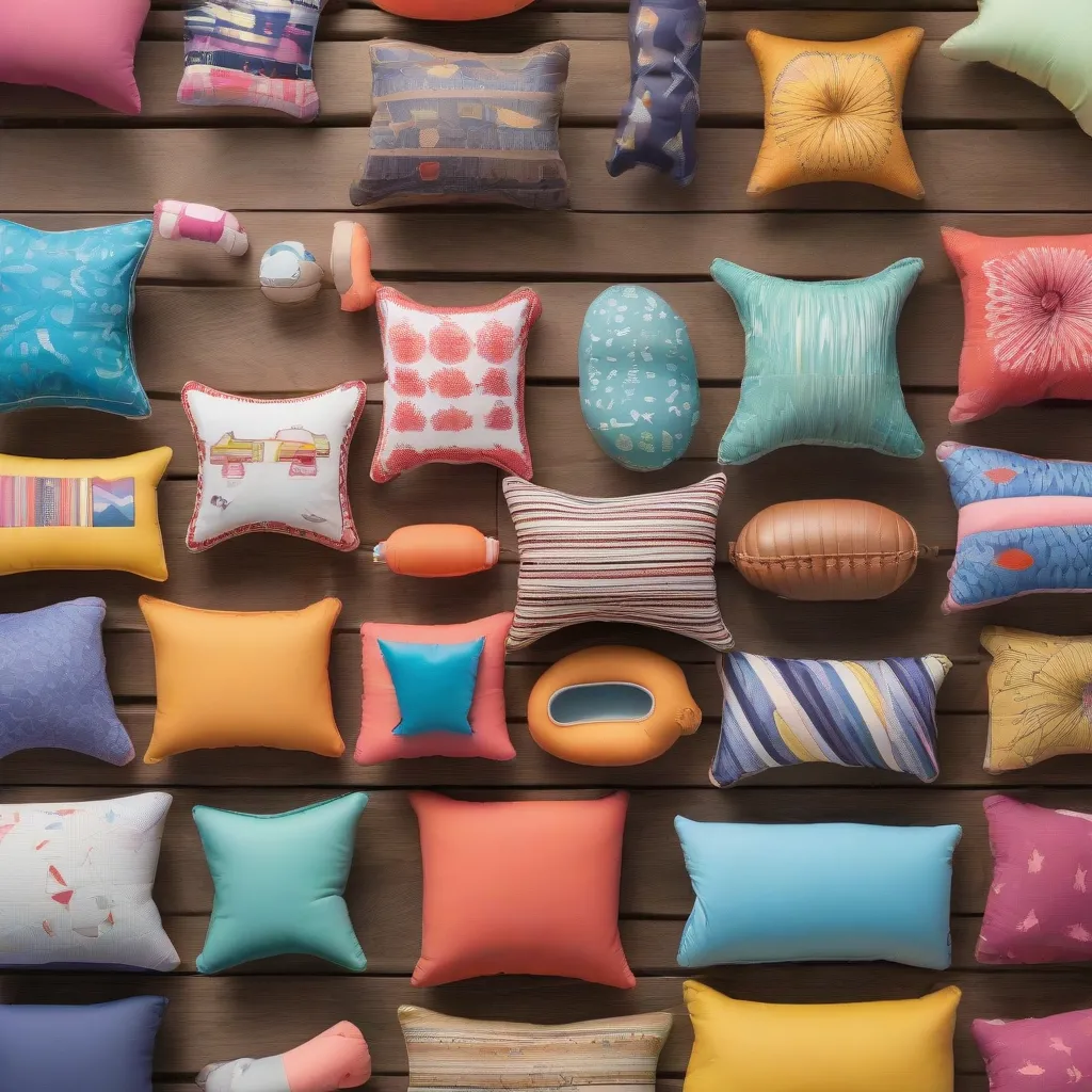 Different types of travel pillows displayed on a table