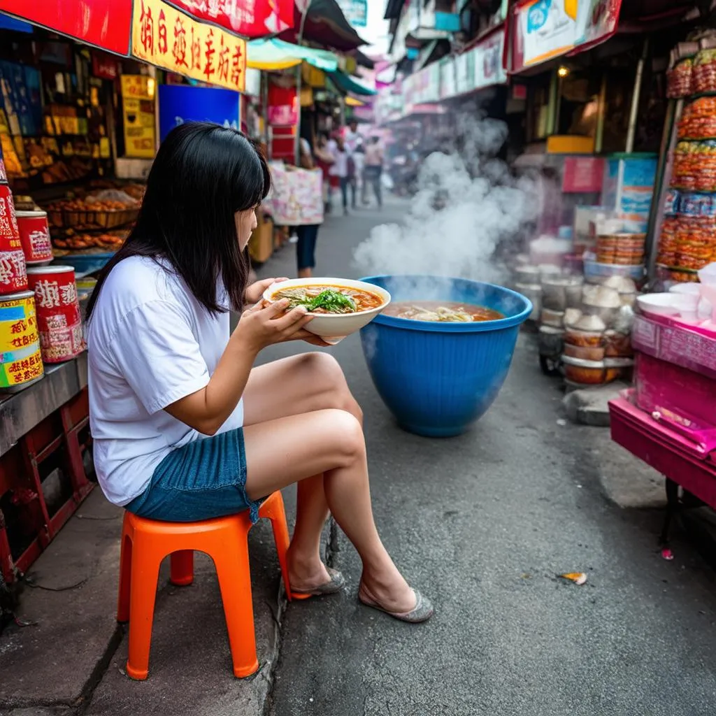 Enjoying a delicious bowl of Pho on the streets of Vietnam