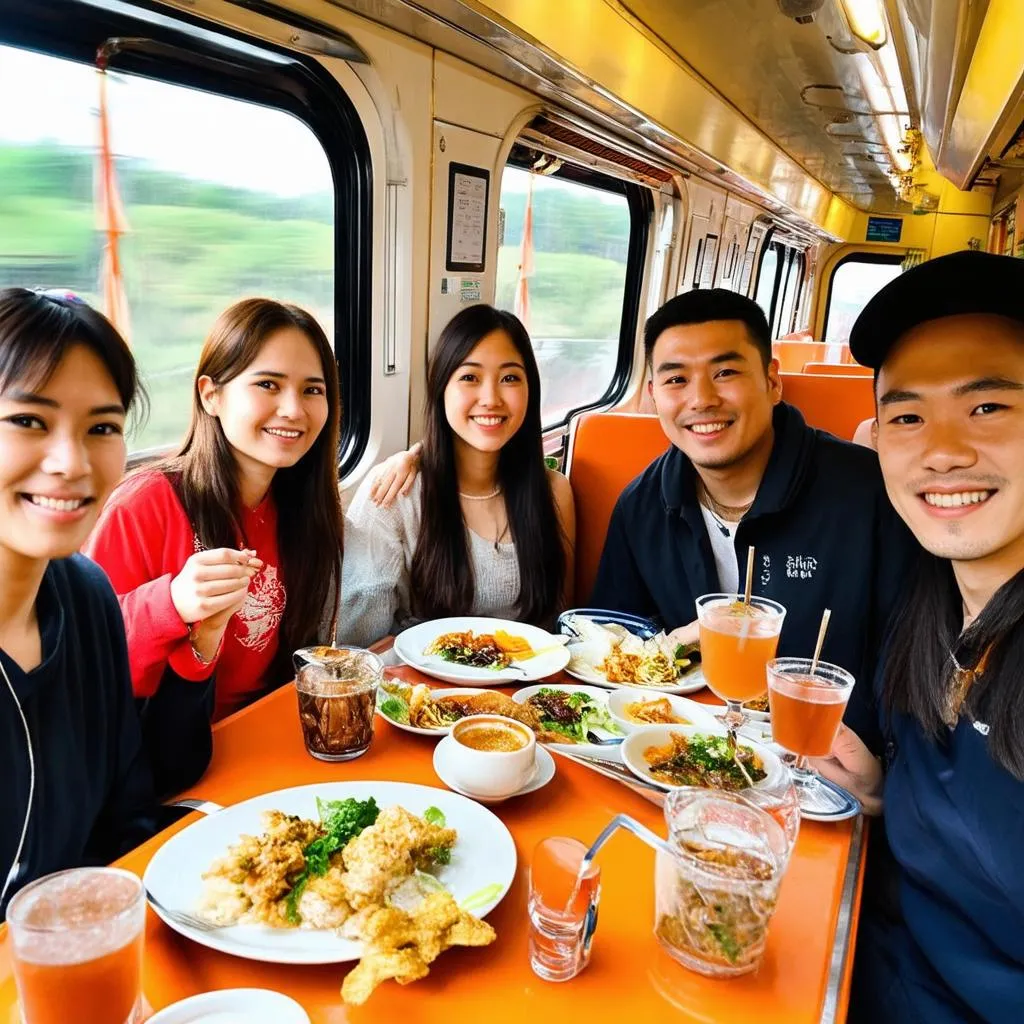 Enjoying a meal on a Vietnamese train