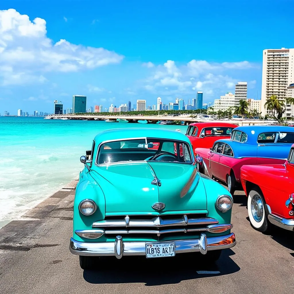 A line of colorful vintage cars driving down the Malecon in Havana, Cuba, with the ocean in the background