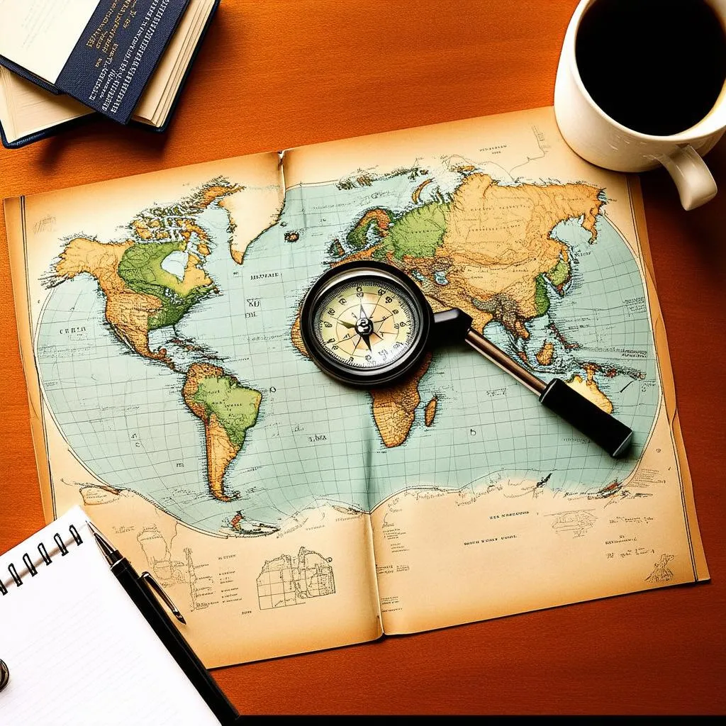 A vintage map spread out on a table with a magnifying glass and travel books.