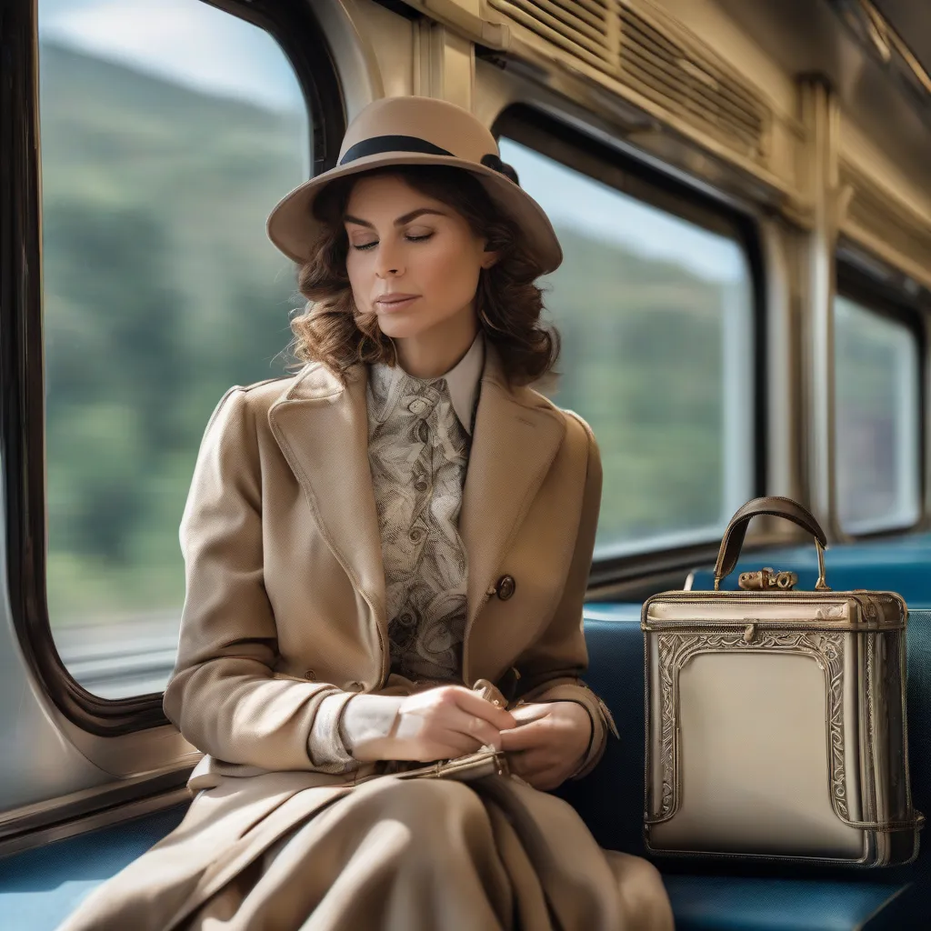 Woman carrying a vintage metal frame purse on a train