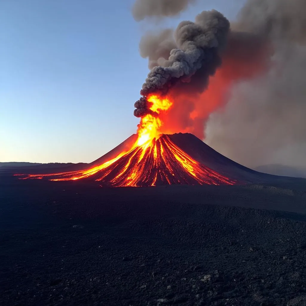 A volcano erupting with lava flowing down its sides