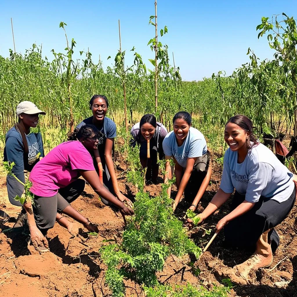 Volunteers planting trees in a rural community