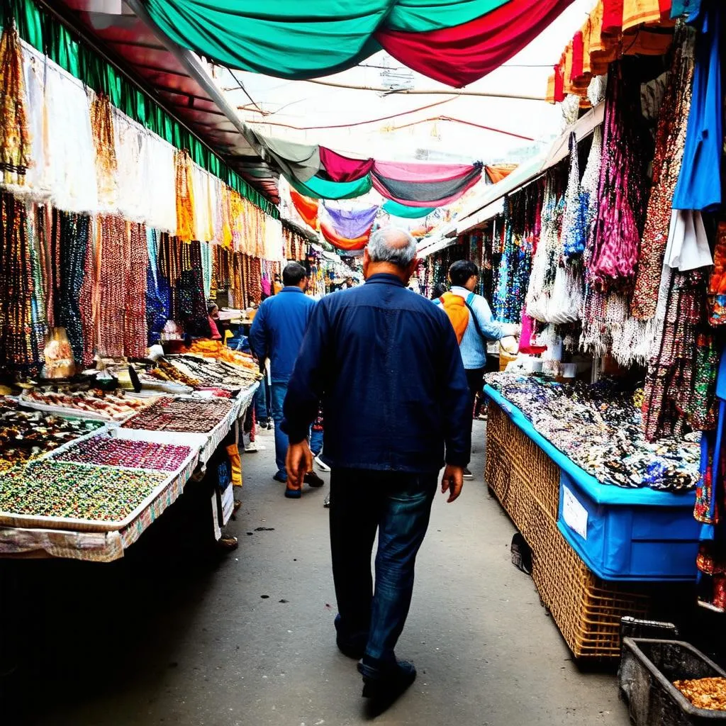 A wandering salesman arranges his wares in a bustling market