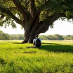 A weary traveler rests under a majestic oak tree