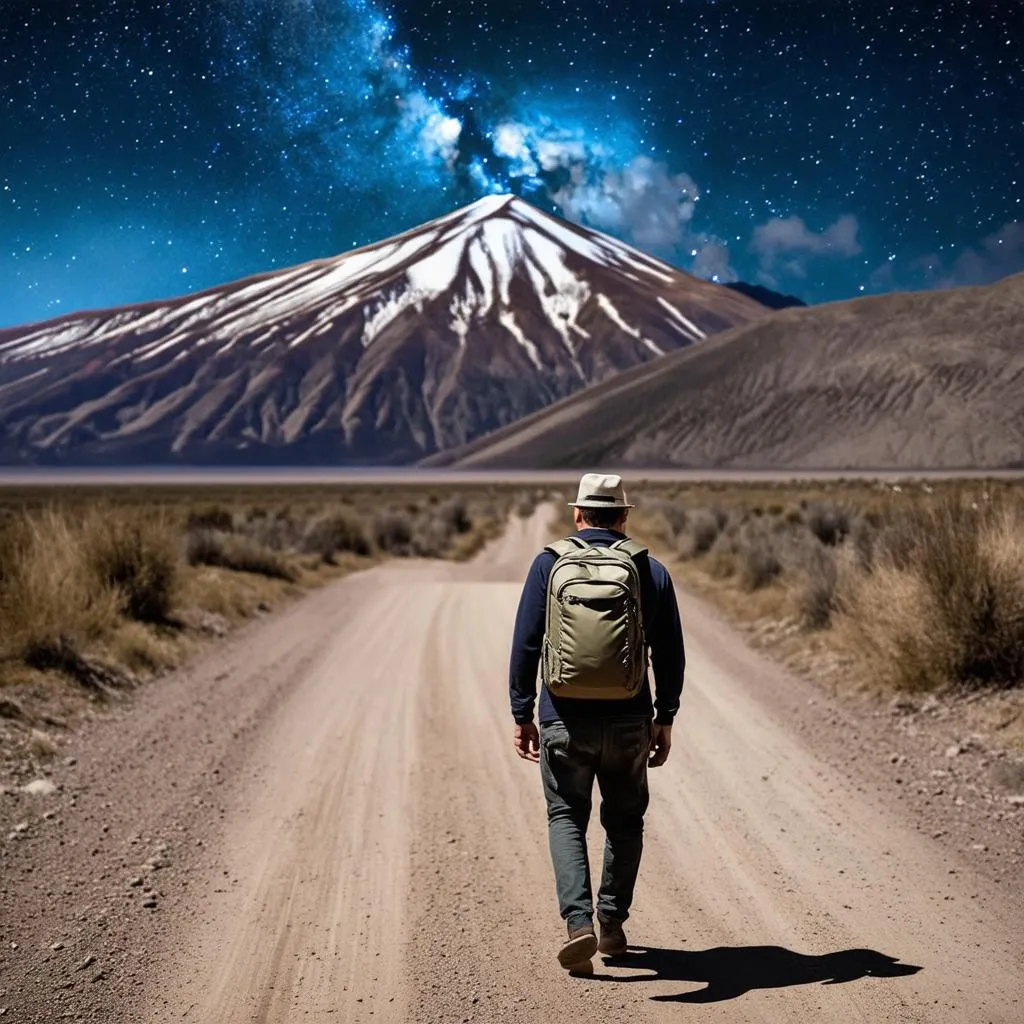 Weary traveler walking on a dusty road