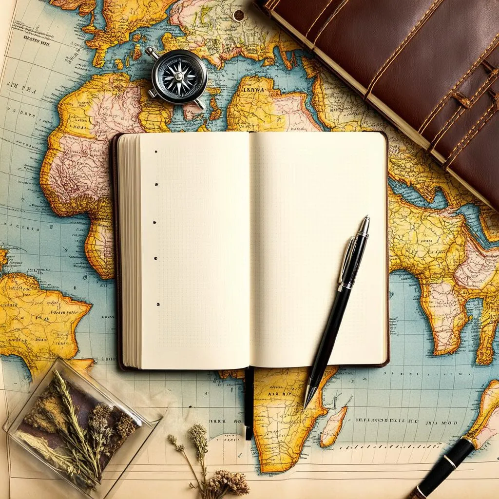 Open notebook with pen and map