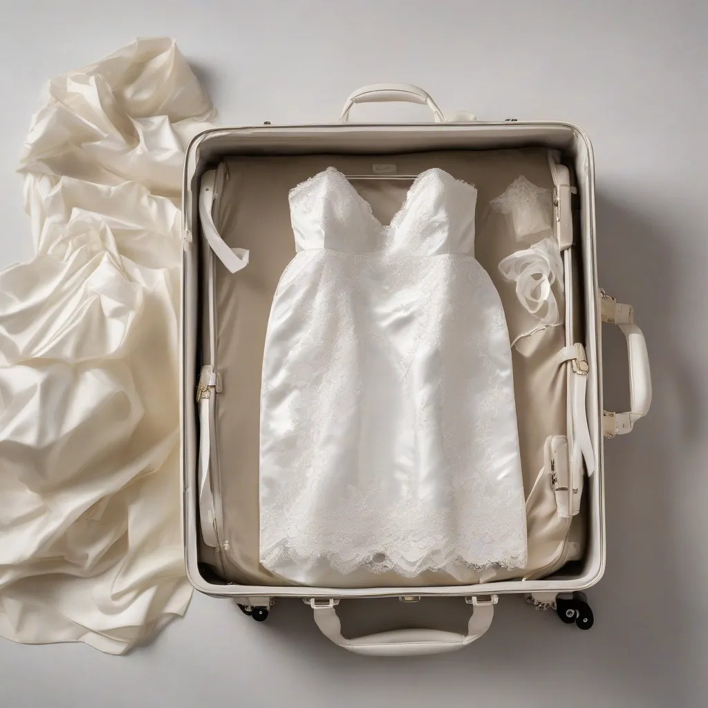 Wedding dress packed in a suitcase.