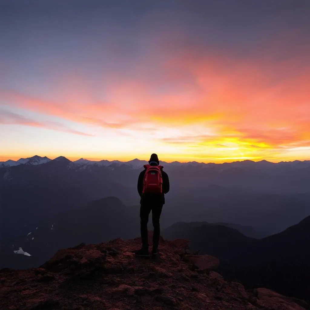 A well-traveled person looking out over a mountainous landscape at sunset.