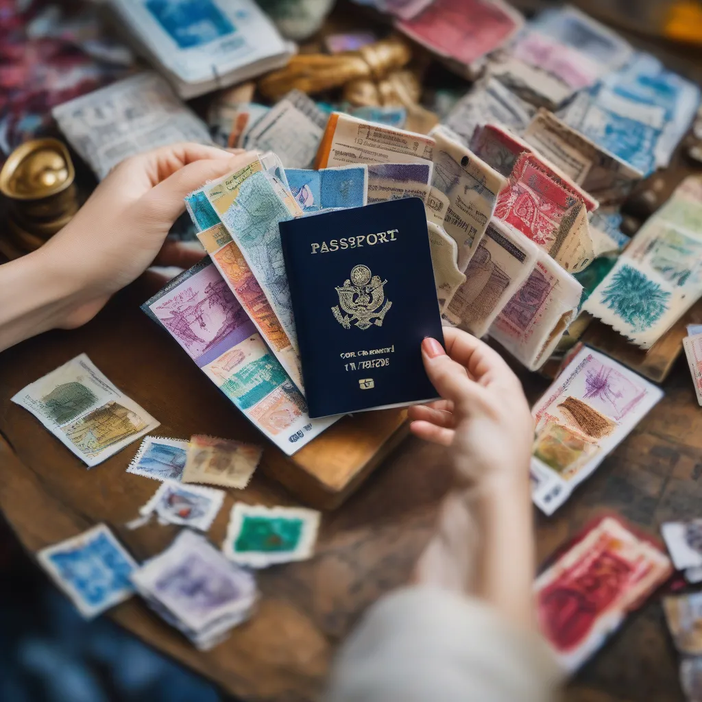 A well-traveled woman proudly displays her passport filled with stamps from around the world.