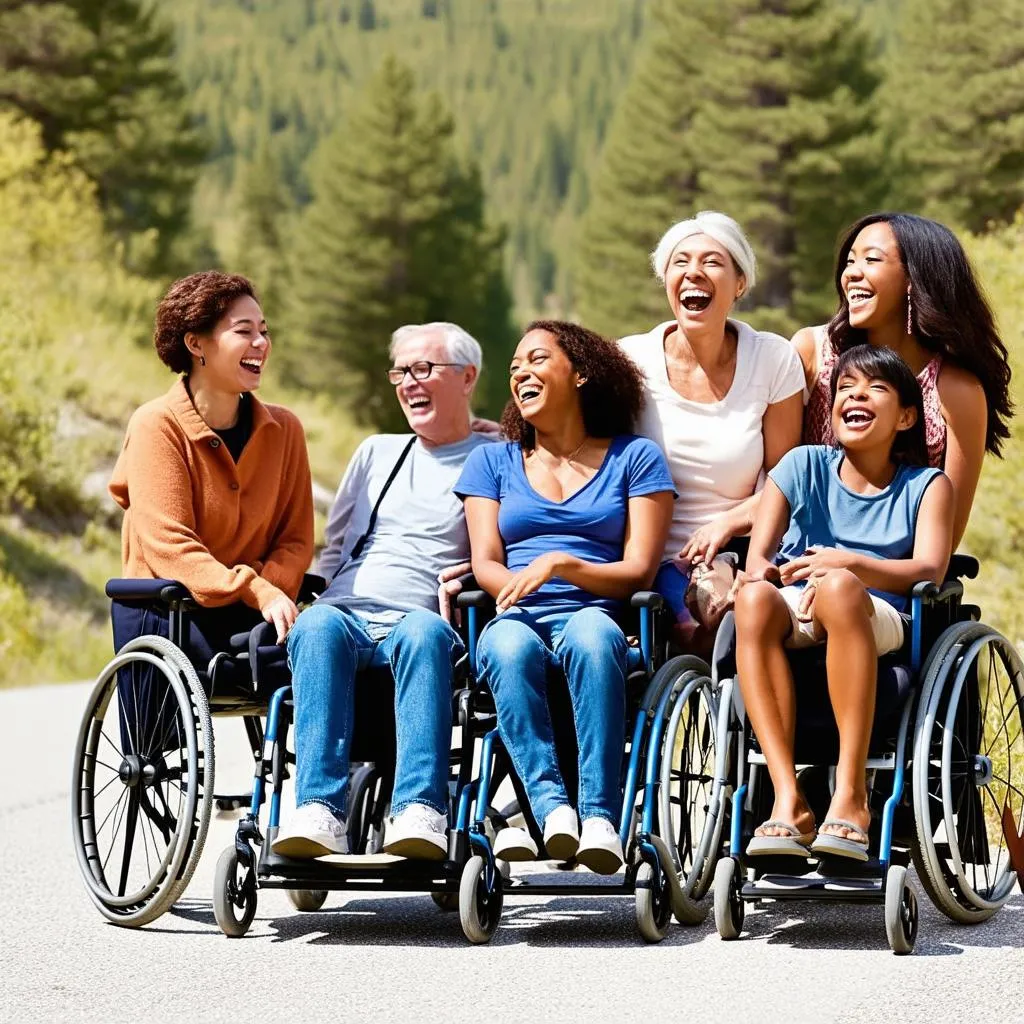 Group of friends traveling in wheelchairs