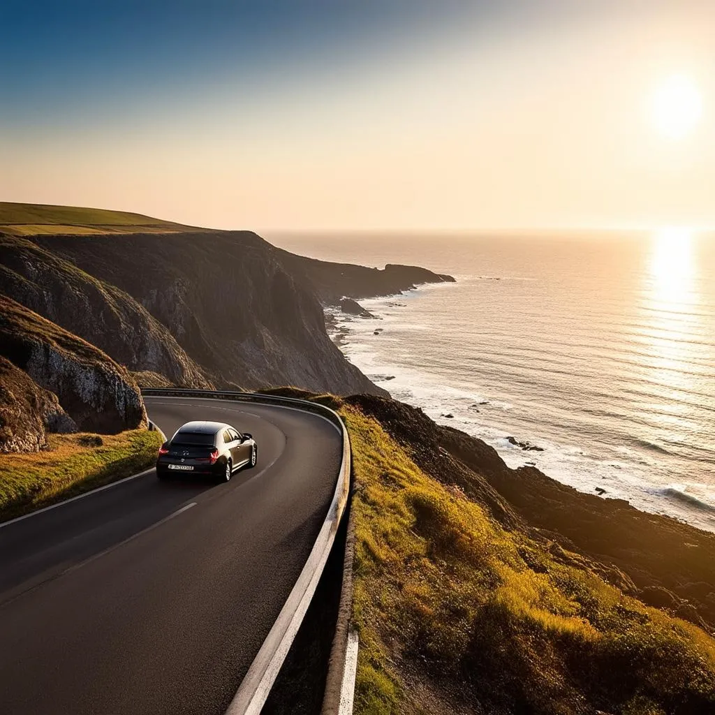 A winding coastal road with a car driving towards the ocean