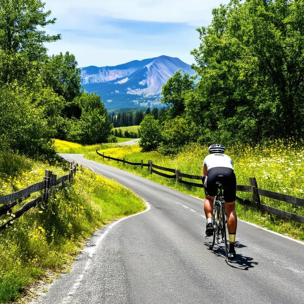 A winding country road beckons the cyclist forward