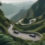 A winding mountain road with a car driving on it