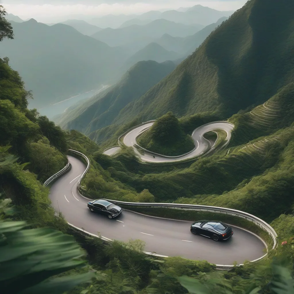 A winding mountain road with a car driving on it