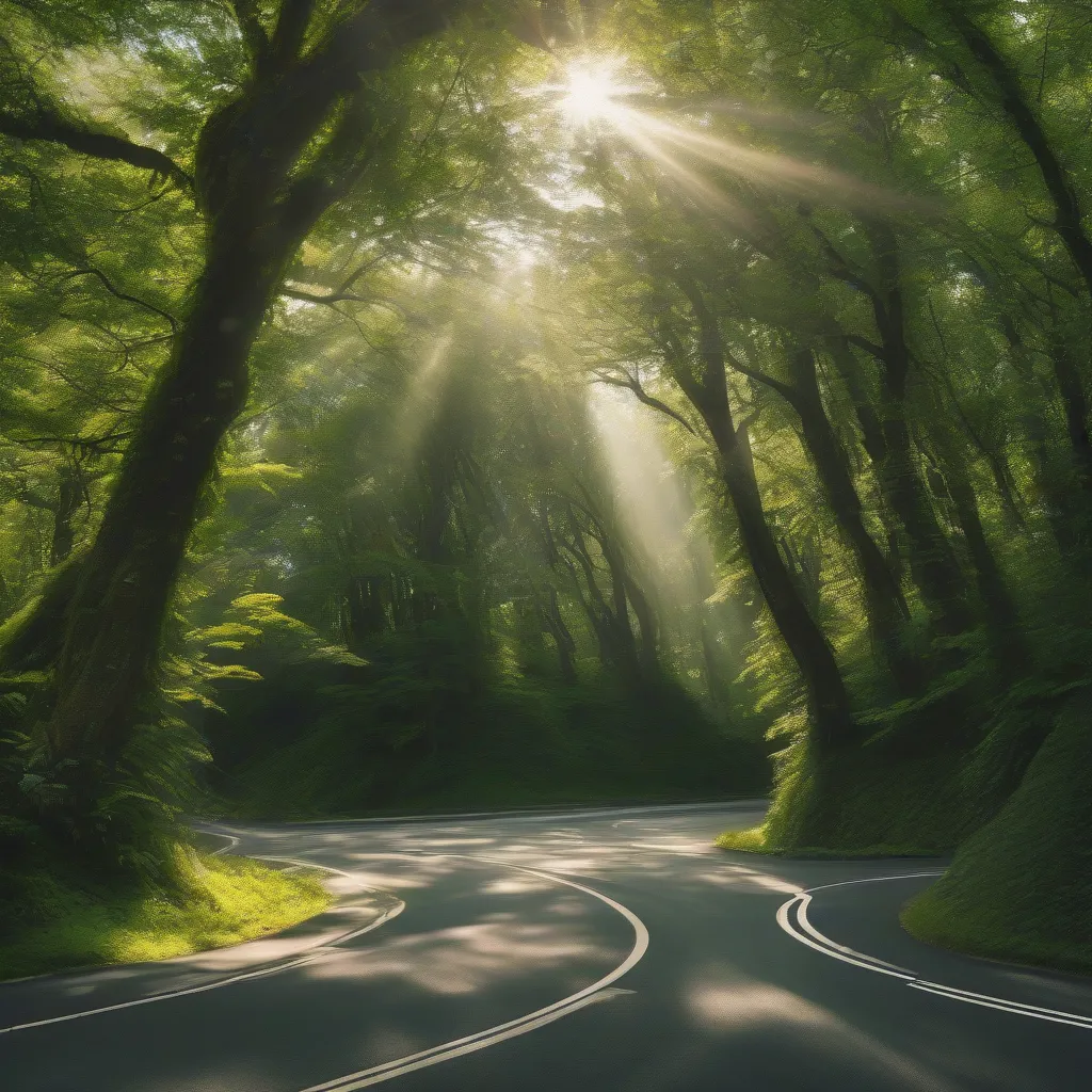 A winding road through a dense forest