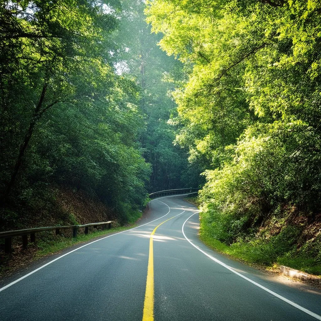 A winding road cutting through a dense forest