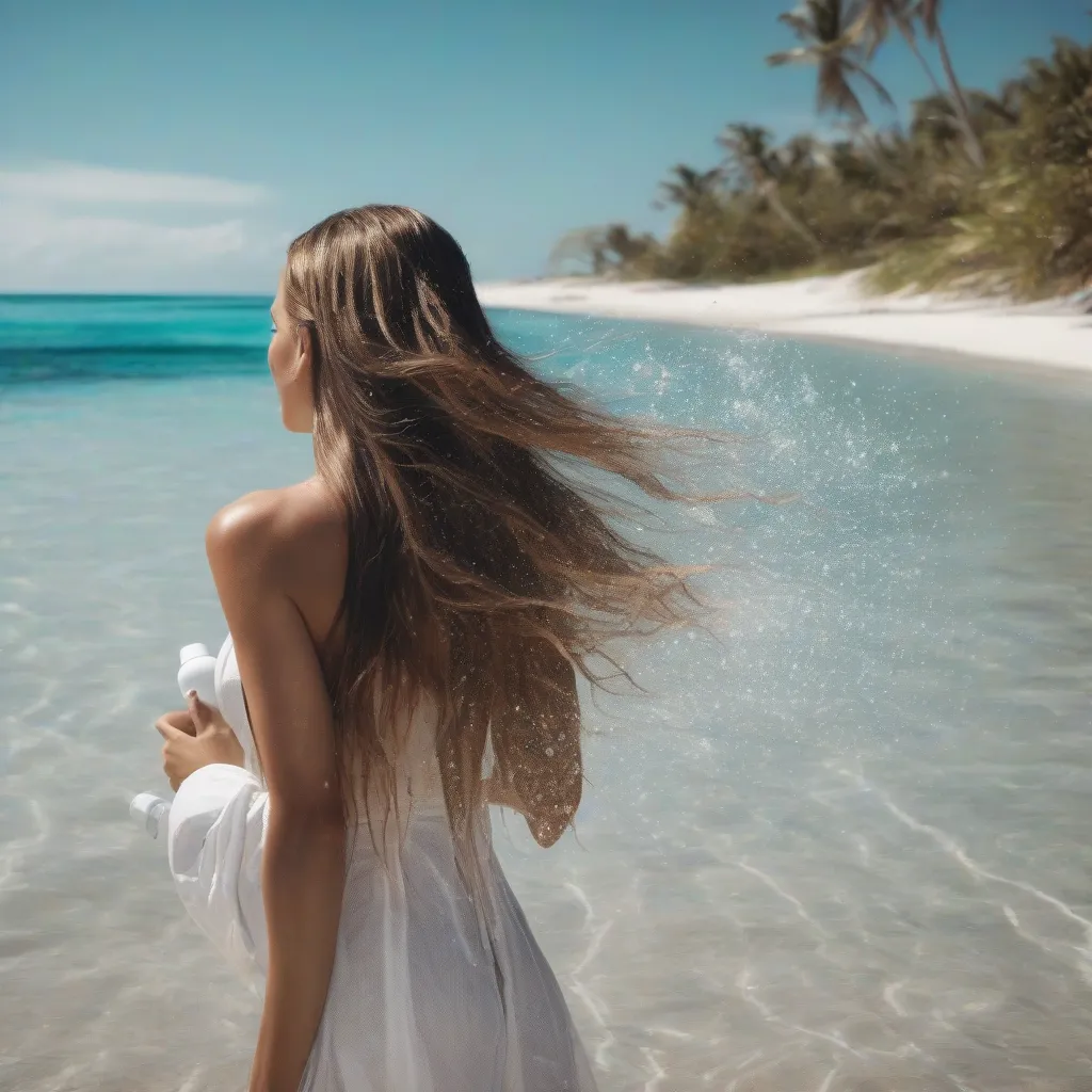 Woman Applying Hairspray on Beach