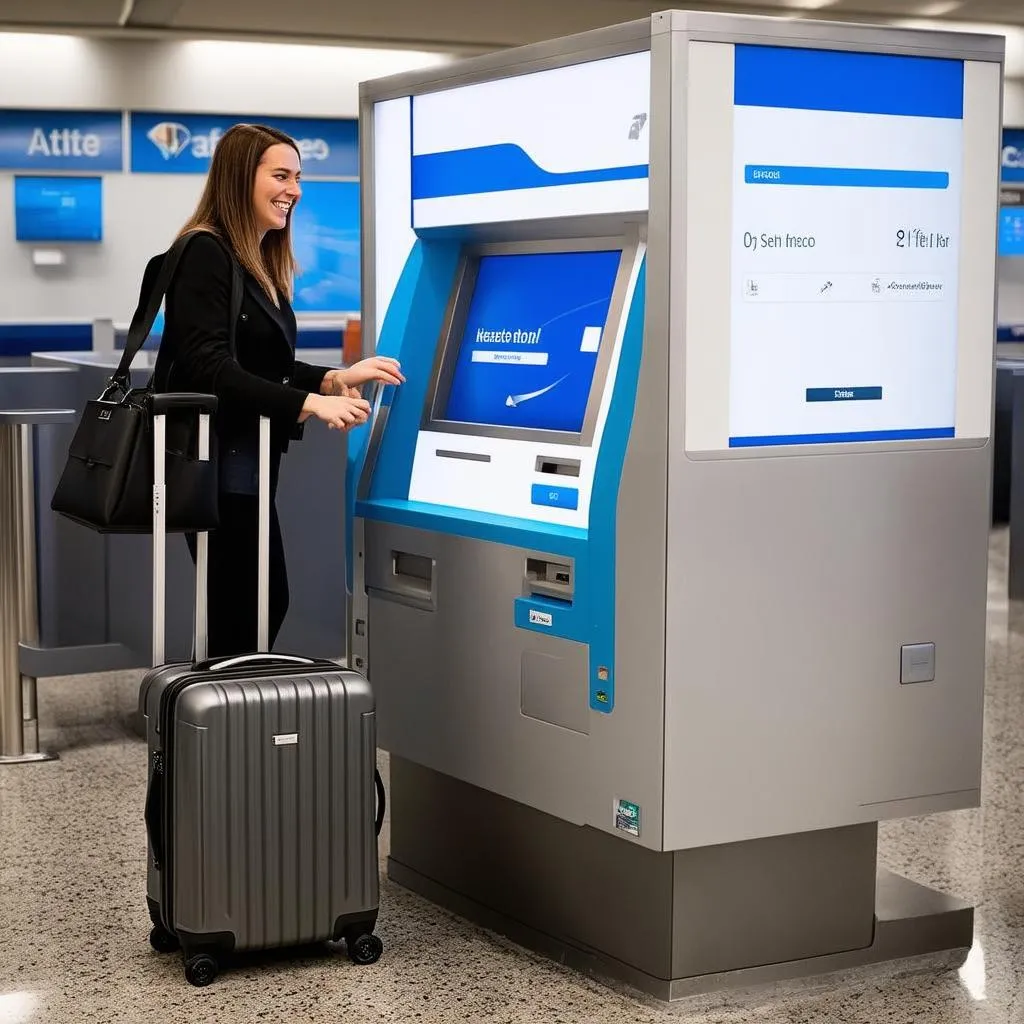 Woman Checking in for a Domestic Flight at Airport Kiosk